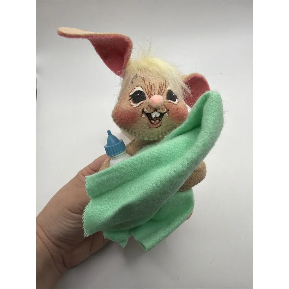 1994 Annalee Baby Boy Bunny Rabbit Green Blanket & Blue Bottle & Pompom Tail NWT